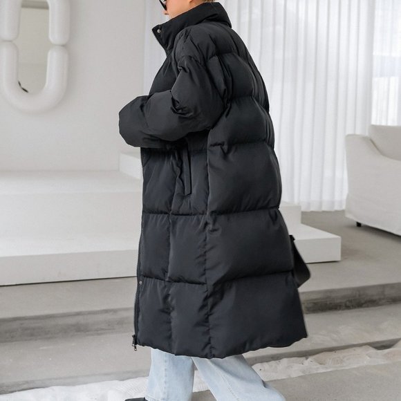 Black Casual Womens Drop Shoulder Slant Pockets Puffer Coat - Picture 2 of 6